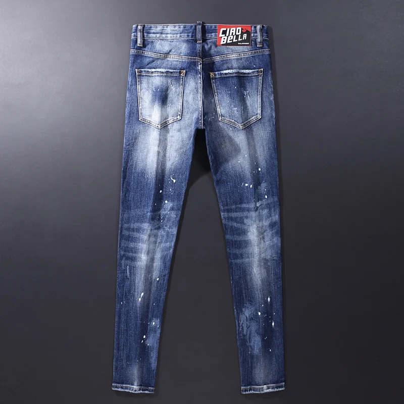 High Street Fashion Men Jeans Retro Blue Elastic Stretch Slim Fit Ripped Jeans Men Patched Designer Hip Hop Brand Pants Hombre