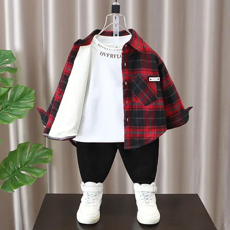 Thickened Flannel Children's Shirt Winter Plaid Patterned Casual Inner Wear for Boys Warm Outerwear Versatile Casual Top