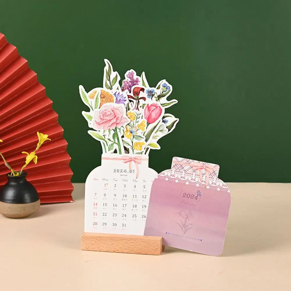 

2024 Bloomy Flowers Desk Calendar Creative Wooden Card Calendar High Quality Desktop Calendar Illustrator Decorate Supplies
