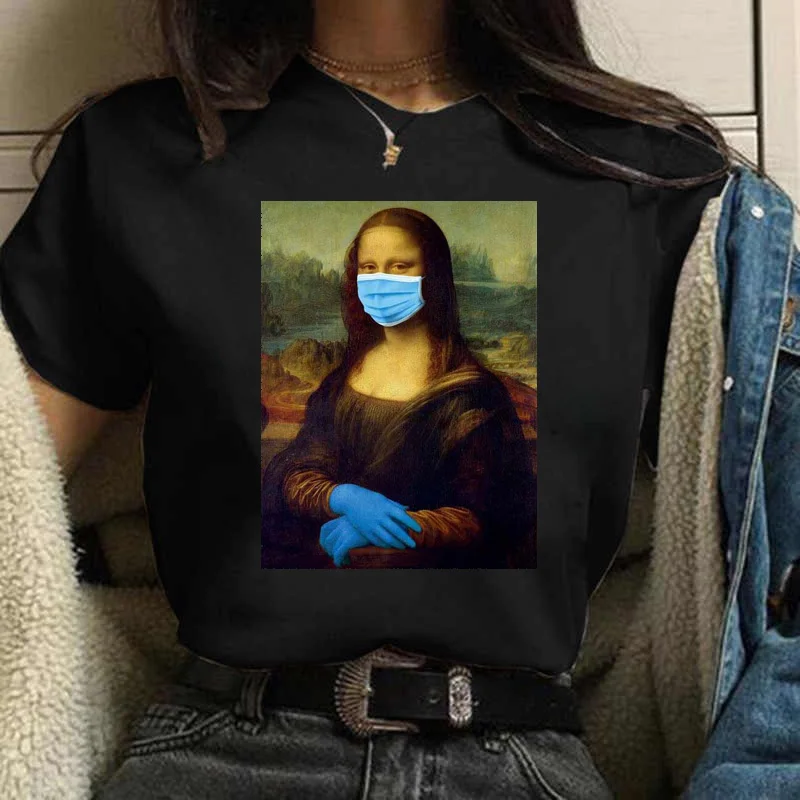 

Harajuku Aesthetic Tshirt Women Mona Lisa Mask Spoof Personality Oil Painting Tops Female T-shirt Vintage 90s Cartoon Clothes