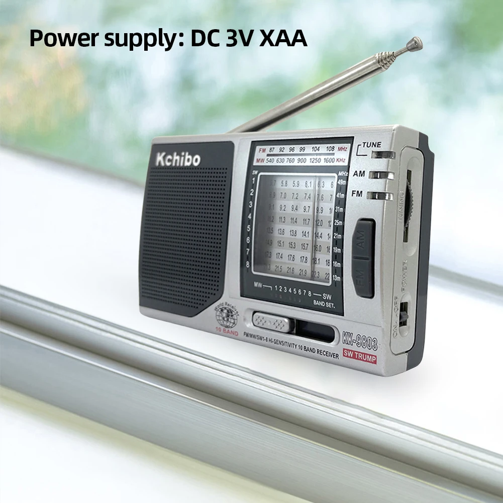 KK-9803 미니 휴대용 라디오, 3.5mm 잭, FM/MW/SW1-8 포켓 라디오, 내장 스피커, 전체 10 밴드 라디오 배터리 작동