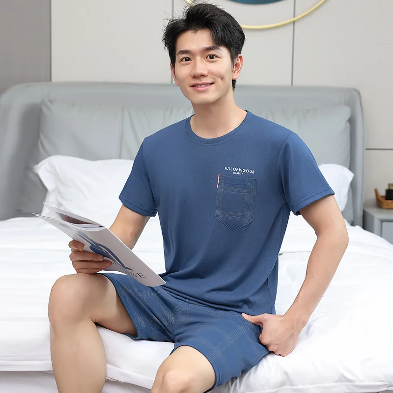 Men Pajamas Sleepwear O-Neck Striped Short Sleeve Shorts Loungewear Easy to Clean 2PCS/Set