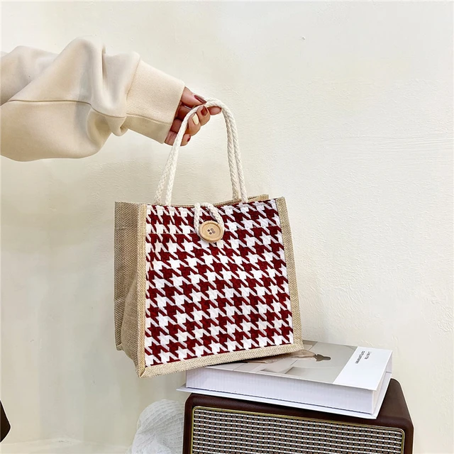 Houndstooth Top Handle Bag For Women, Lunch Bag, Casual Small Top Handle Bag  For Picnic Work, Women's Purse