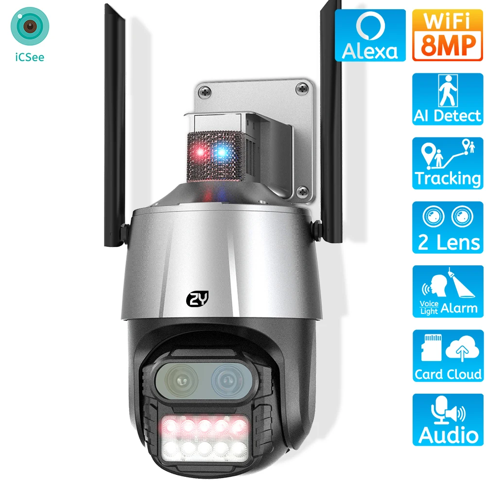2.8mm 12mm Dual Lens 8x Hybrid Zoom Ptz Ip Camera Police Light Wifi