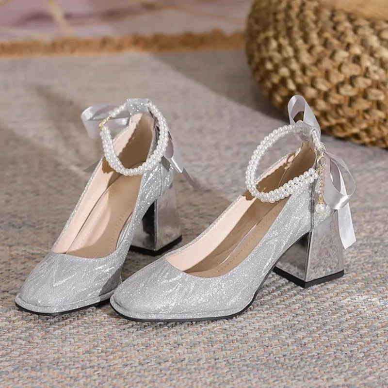 

Champagne High Heel Thick Heel French Women's Shoes Bridesmaid Wedding Shoes 2024 New Spring One Belt Women's Shoes