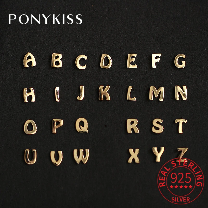 

PONYKISS 1 Piece Real 925 Sterling Silver 26 Letter Stud 14K Gold Stud Earrings For Women Punk Fine Jewelry Minimalist Bijoux