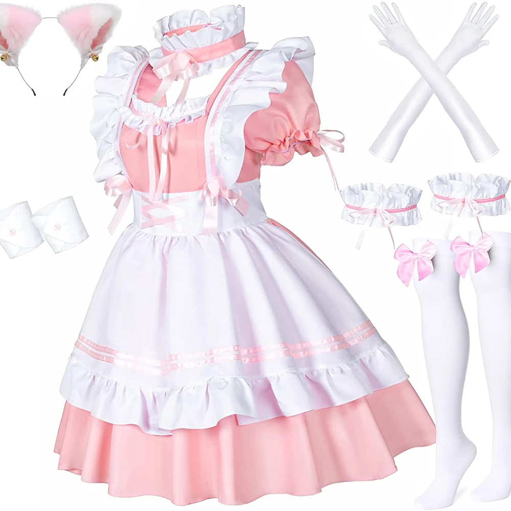 

Anime French Maid Apron Lolita Fancy Dress Cosplay Costume Furry Cat Ear Gloves Socks Set