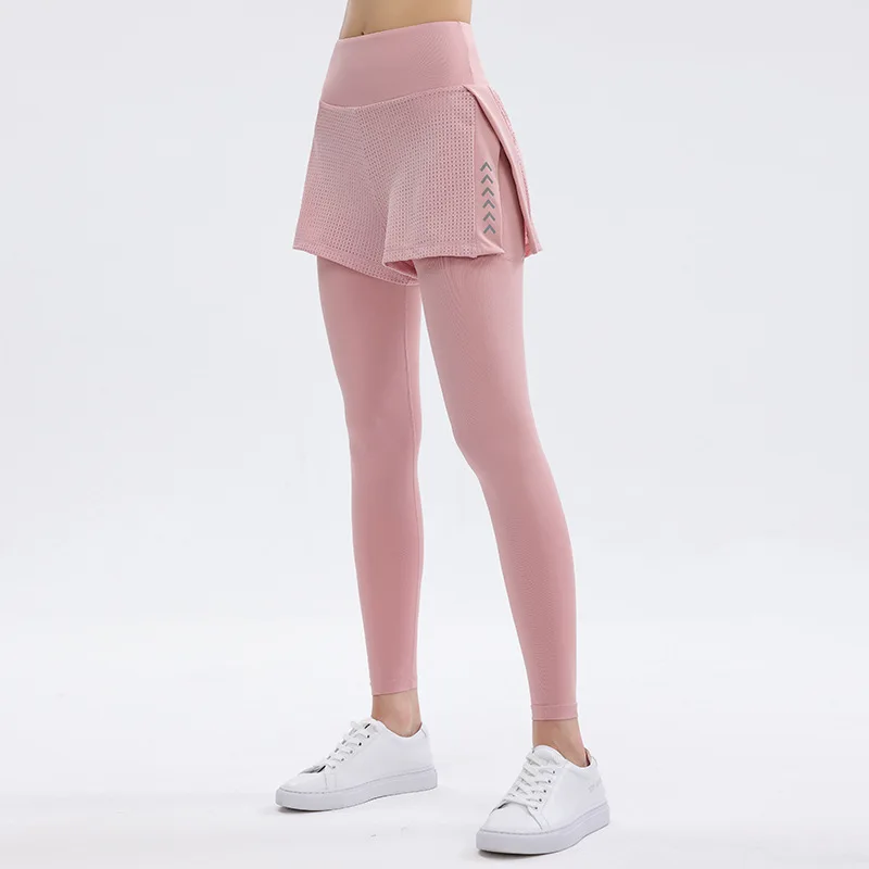 Women Sports Leggings Elastic High Waist Yoga Pants Fake Two Piece Running Trousers Quick Dry Elastic Gym Fitness Tights Female