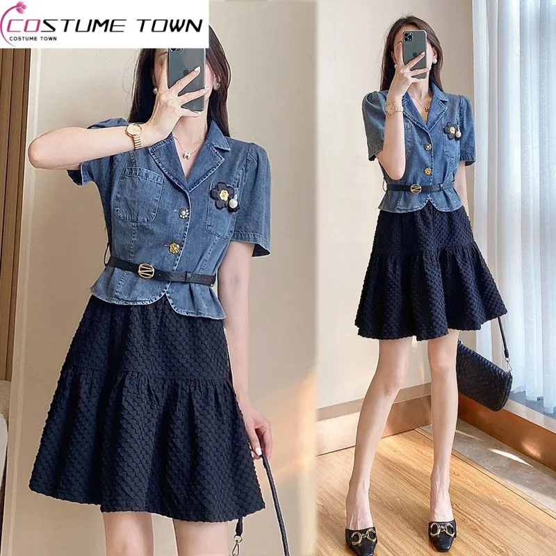 In the Summer of 2023, the Whole Set Will Match with Women's Fashion Two-piece New Denim Top A-line Skirt Casual Suit