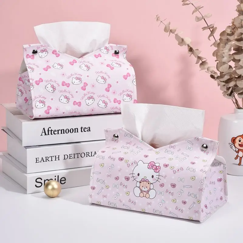 

HelloKitty Anime Figure Sanrio Tissue Box Cute Kawaii Cat Pink Cartoon Leather Car Extracted Paper Storage Household Home Toilet