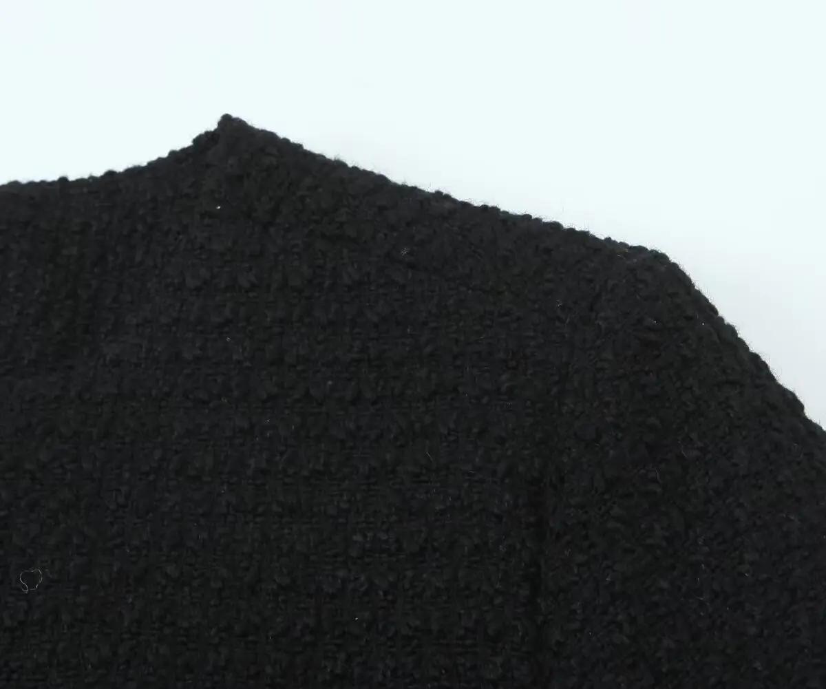 Autumn O neck Soft Woolen Black Tweed Coat Cropped Vintage Women Silver Buttons Full Sleeve Short Blazer Elegant Jacket