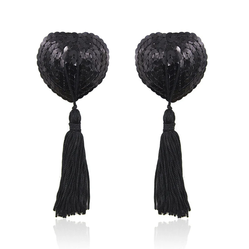 1Pair Sexy Pasties Stickers Sequin Nipple Covers With Tassels Heart Shape Nipple Stickers Pasties Wholesale Chest Stickers