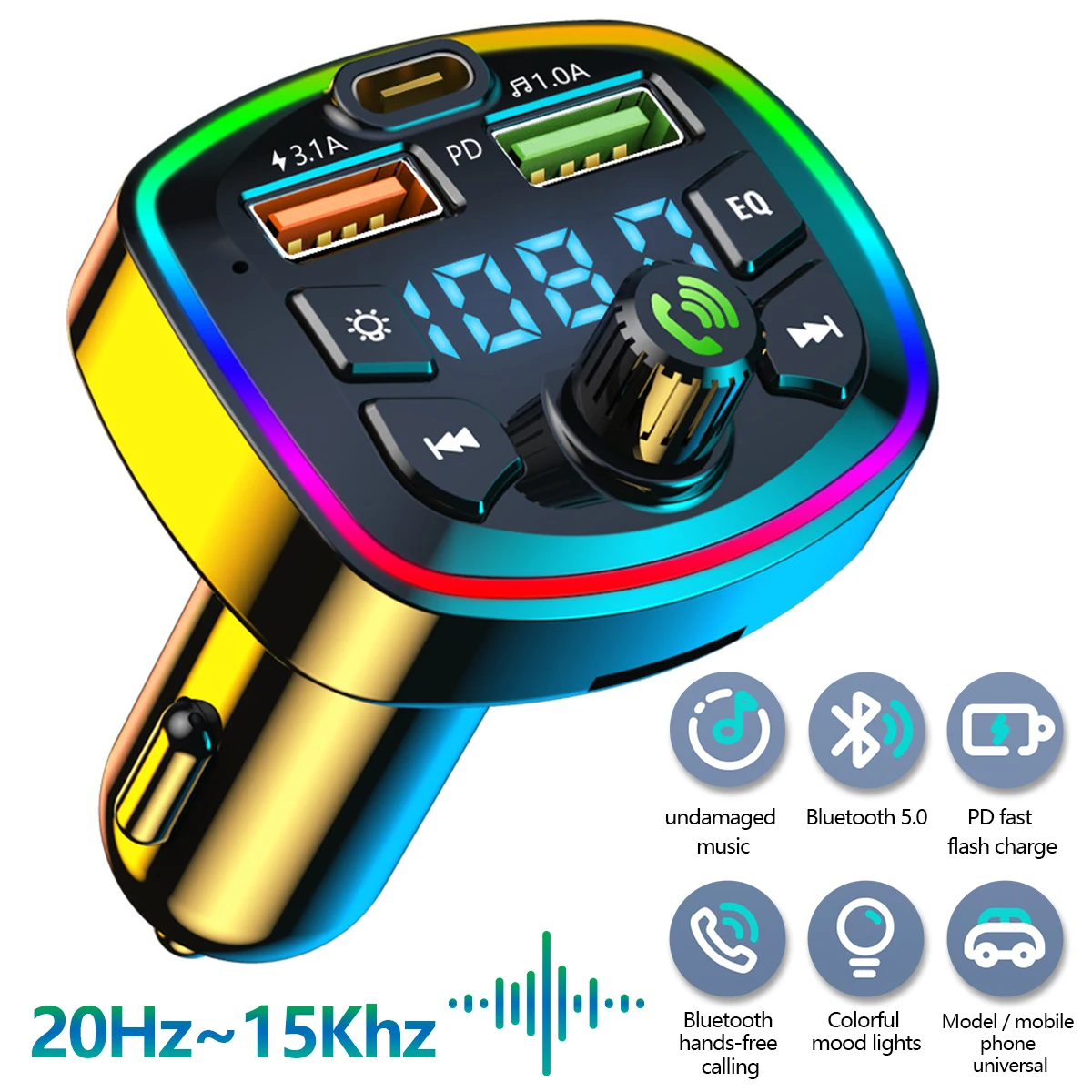 Car MP3 Player Bluetooth 5.0 FM Transmitter Handsfree Car Radio Modulator with Built-in Mic USB Quick Charge Adapter for Car