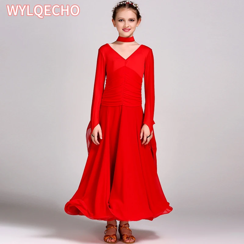 Chiffon Long Sleeves Standard Competition Ballroom Dance Dress Girl Kids One Piece Child Modern Waltz Latin Dancing Dancewear