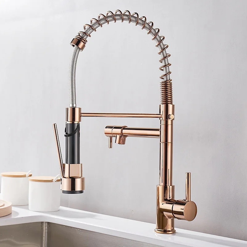 Black and Golden Brass Pulling Kitchen Sink Faucets Dual Outlet Water-Cold Hot Washing Basin Tap Deck Mounted Spring Mixer Taps 5