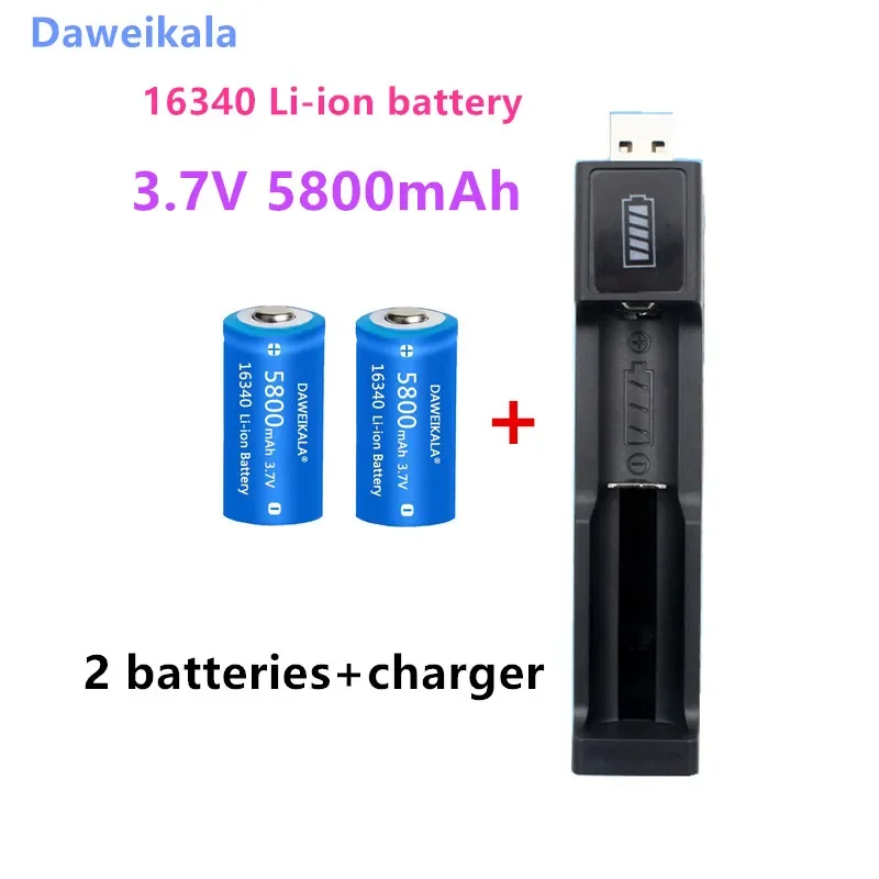 Baterรญa recargable de iones de litio para linterna LED, cargador de pared de viaje, 3,7 V, 16340 mAh, 5800, CR123A, 16340