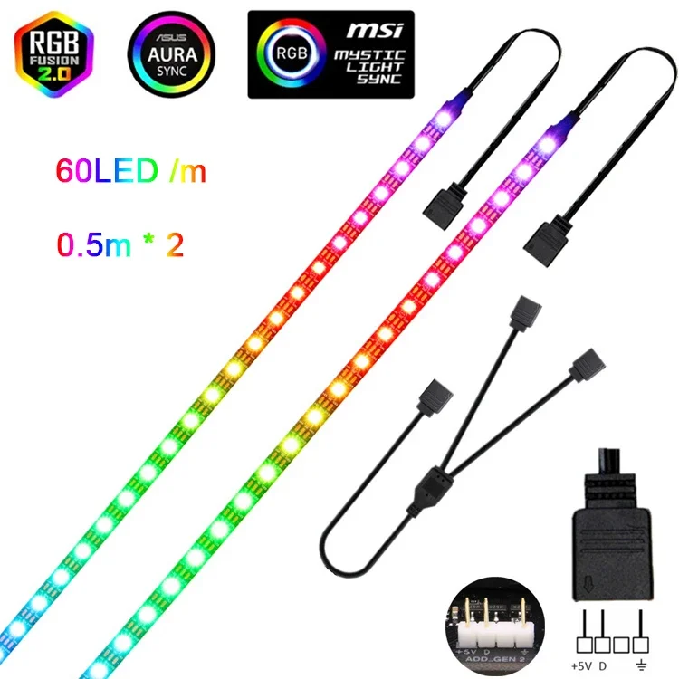 thumbnail image 1 of Tira de luces LED direccionable Rainbow PC Digital WS2812b para cabezal ARGB de 3 pines y 5 V para carcasa de PC Asus Aura Sync RGBIC Fusion MSI Mystic, 1 of 5