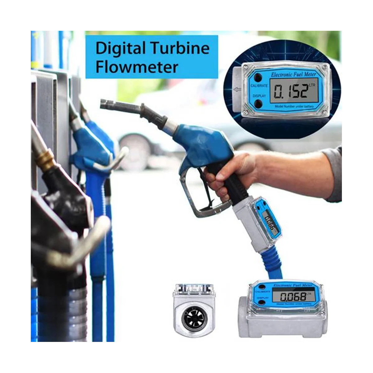25 Digital Turbine Flow Meter for Measuring Gasoline Water Sea Liquid Flowmeter Blue