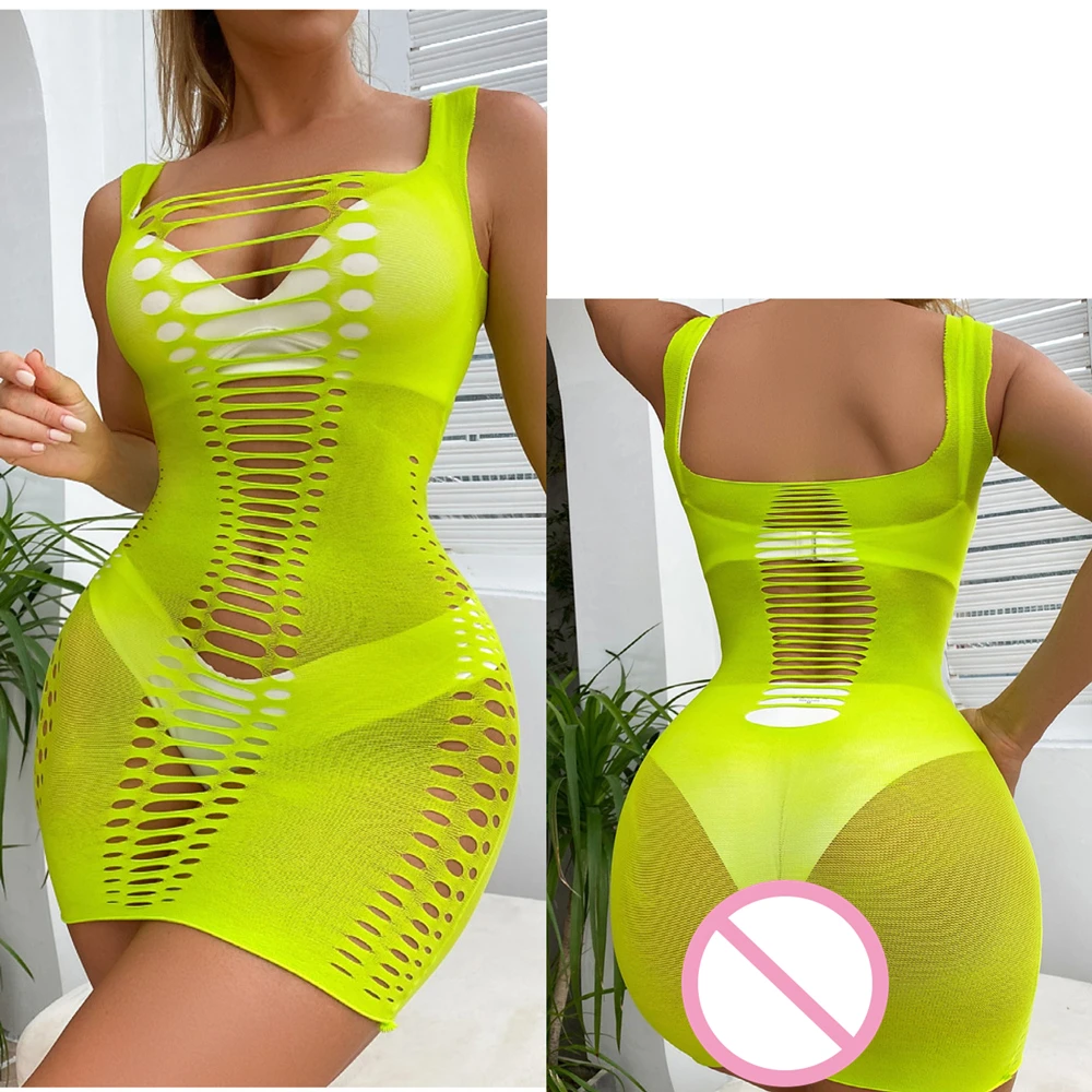 Sexy Women Fishnet Bodycon Mini Dress Mesh Hollow Out See Through Lingerie Erotic Perspective Temptation Nightdress Costume 6