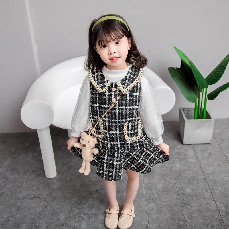 Menoea Girl Baby Elegant Plaid Dresses Kids Party Princess Autumn Costumes Fashion Long Sleeve Sweet Tweed Clothes With Bear Bag