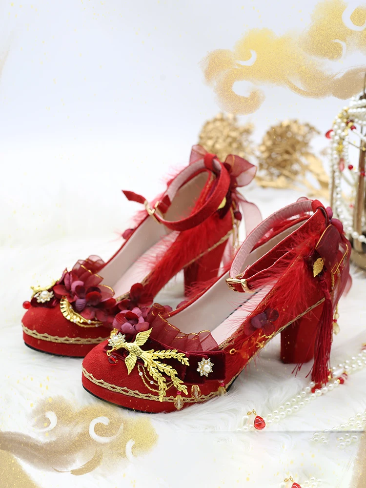 Women's Red Thick Square Heel Embroidered High Heels Gold Phoenix  Decoration Lolita Elegant Feather Decoration Shoes Large Size