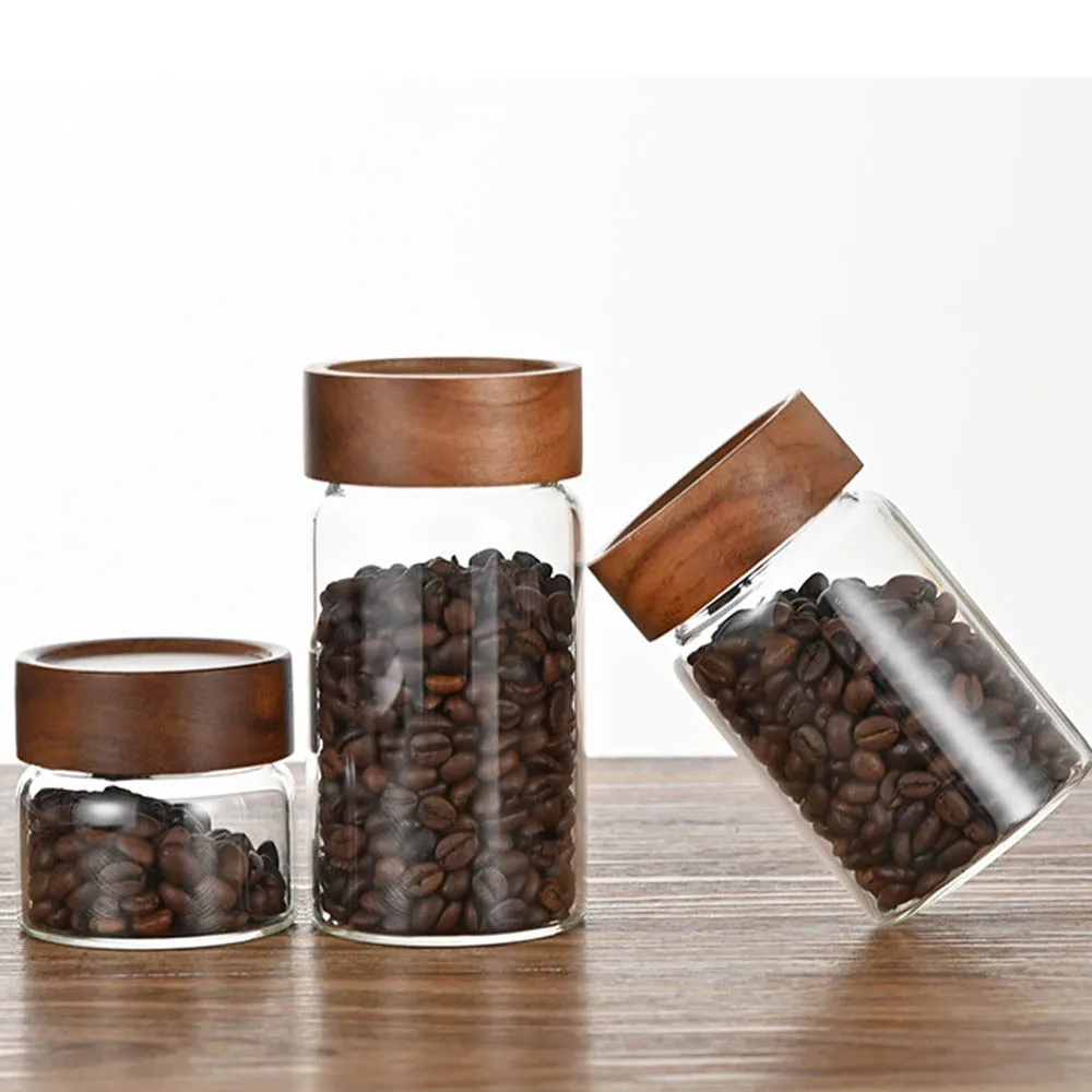 High Borosilicate Glass With Lids Storage Tank Acacia Wood Miscellaneous Grain Sealed Can Storage Pots Split Bottle Spice Jars 5