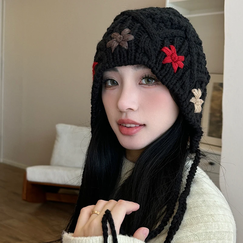 Hand Woven Tassel Wool hat For Women In Autumn And Winter Fried Dough Twists Tassel Red Baotou Hat For Winter Ear Protection Hat