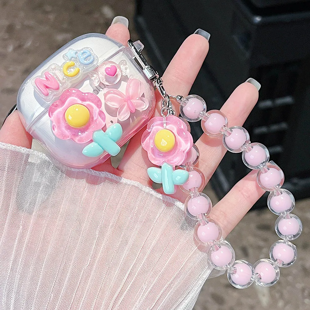 Korean Floral Soft TPU Clear Protective Earphone Case with Beaded Bracelet Pendant