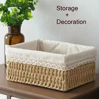 1pc Handmade Rattan Storage Basket, Desktop Rattan Storage Basket with Removable Lace Lining, Suitable for Cosmetic Storage 3