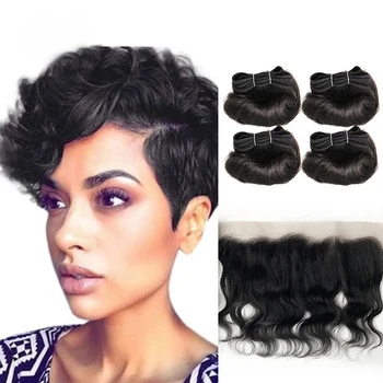 Human Hair Bundles with Body Wave Frontal Ombre Brazilian Curly Weaving Bundles with Closure Frontal 13x4 HD Transparent Lace