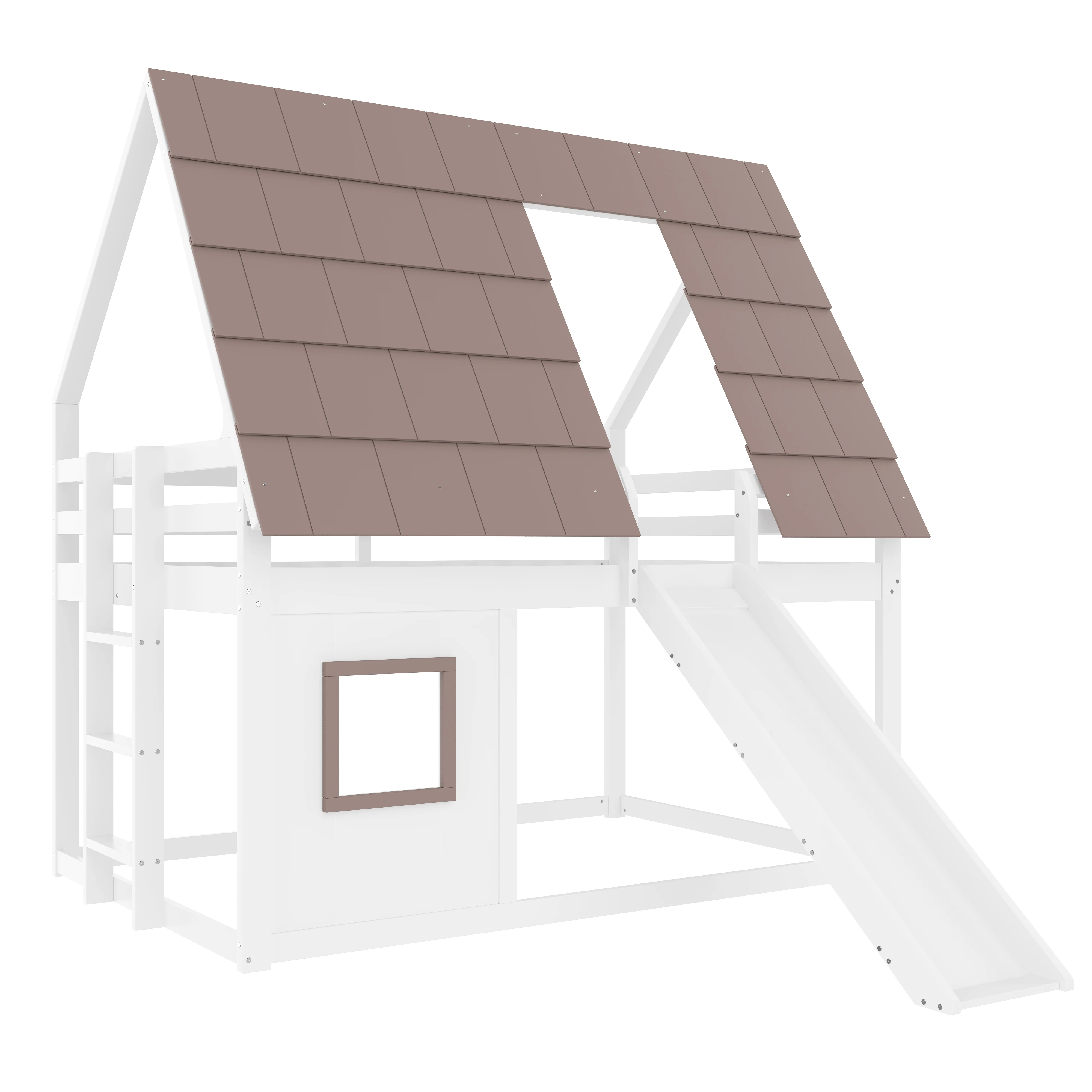 140 x 200 Holzhaus-Etagenbett mit Dach, Leiter und Rutsche, Weiß+Braun Kombi-Artikel MDF, Kiefer, Sperrholz – Detail 14