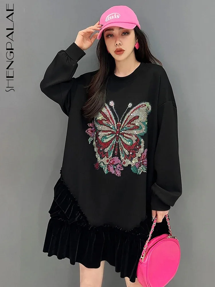 

SHENGPALAE Butterfly Printed Sweatshirt Dress For Women Ruffles Patchwork Round-neck Loose Casual Vestido Spring 2024 New 5R9192