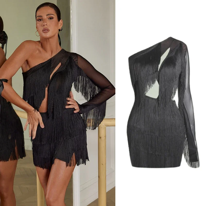 

Женское платье для латиноамериканских танцев, соблазнительное платье с открытой спиной и бахромой, с одним рукавом