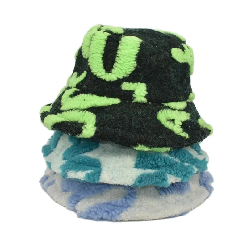 

South Korea Three-dimensional Letter Basin Hat for Men Women Versatile Cold Bucket Hat Imitation Lamb Plush Warm Fisherman Hat