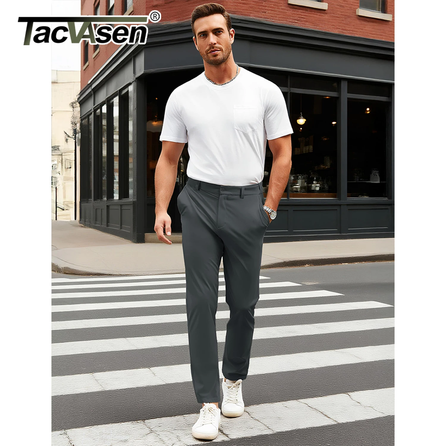 TACVASEN 남성 캐주얼 팬츠 스트레이트 레그 플랫 프론트 팬츠 방수 스트레치 허리 바지 골프용 경량 작업 바지
