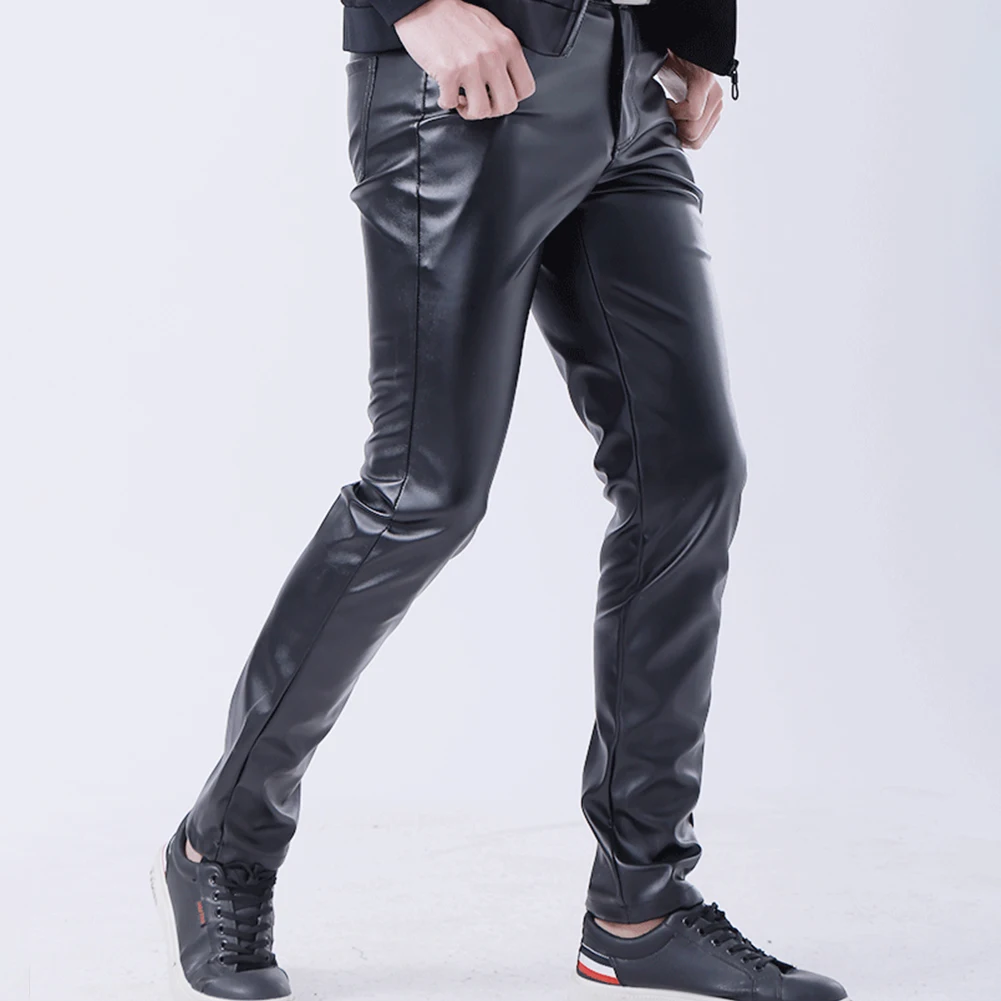 summer leather pants mens clothing thin slim fit faux pu leather motorcycle pants loose straight leather cargo pants waterproof Fashion Men's Synthetic PU Leather Pants Casual Long Pants Nightclub Stage Slim Fit Trousers Stretch Pencil Pants