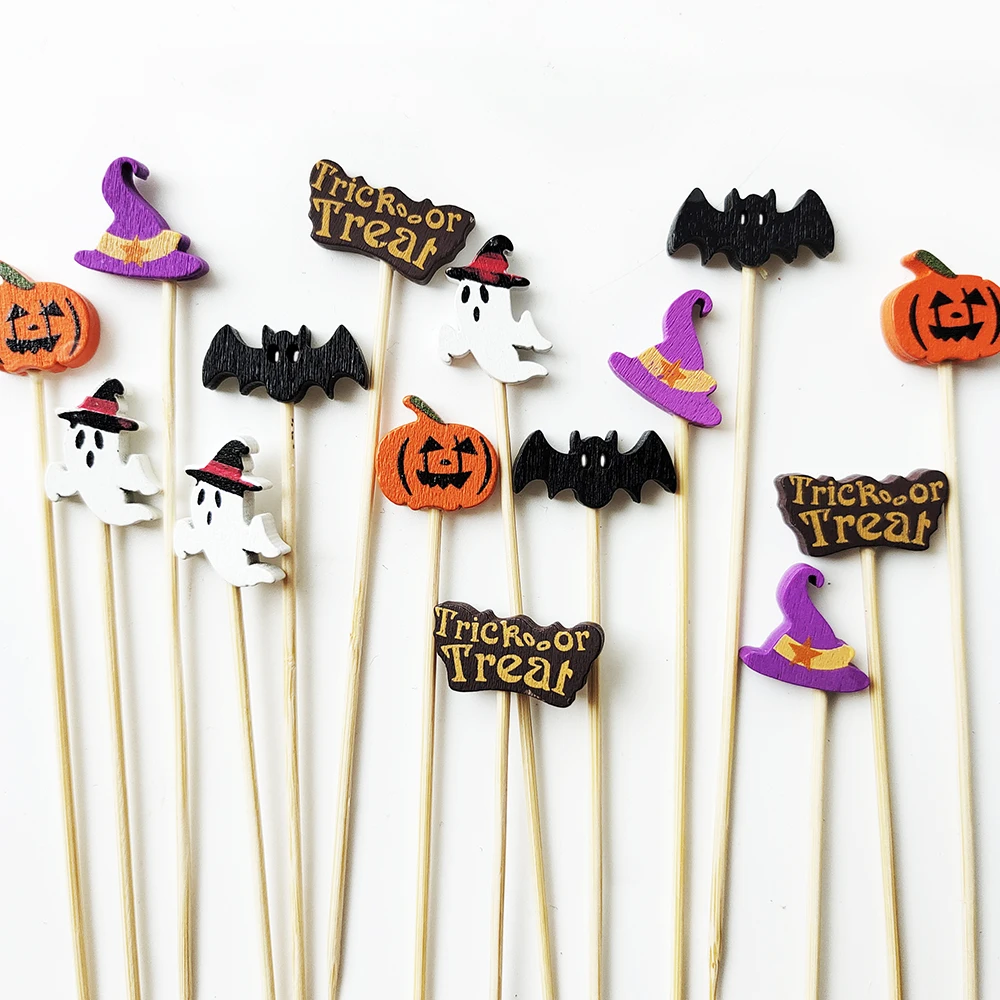 100 Stück Halloween Kürbis Bambus Spieße Obst Gabel Dessert Salat Gemüse Einweg Sticks Zahnstocher Spieß Halloween Dekor – Detail 2