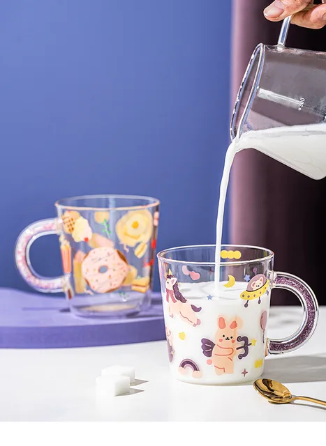 420ml Kawaii Glass Coffee Mug with Handle Water Cup Home Childlike Cute  Girl Milk Cups Heat-resistant Drinkiware Creative Gifts