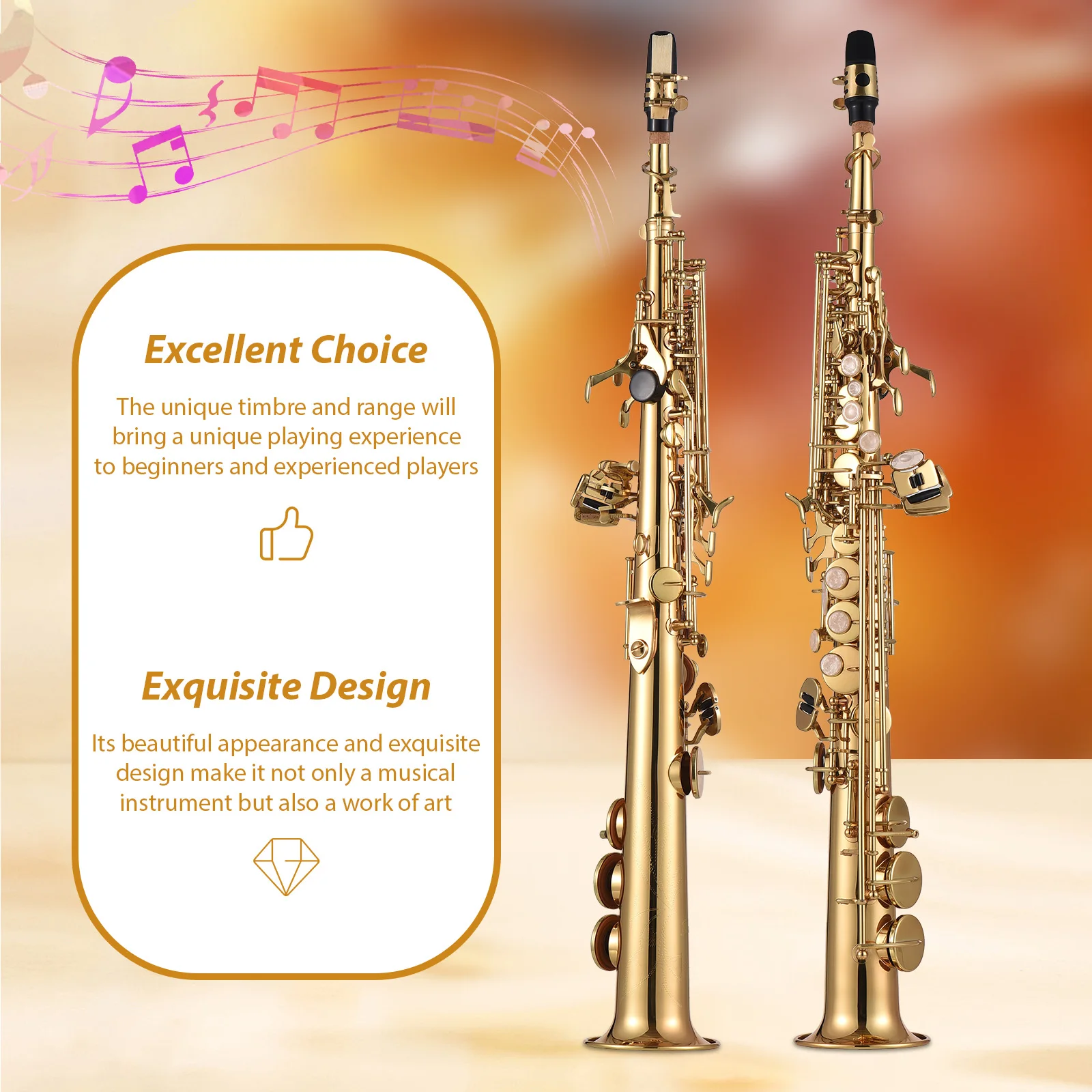 Btuty Soprano Sax Straight Saxophone Brass Bb B Flat Woodwind Instrument for Student Beginner Professional Natural Shell Key