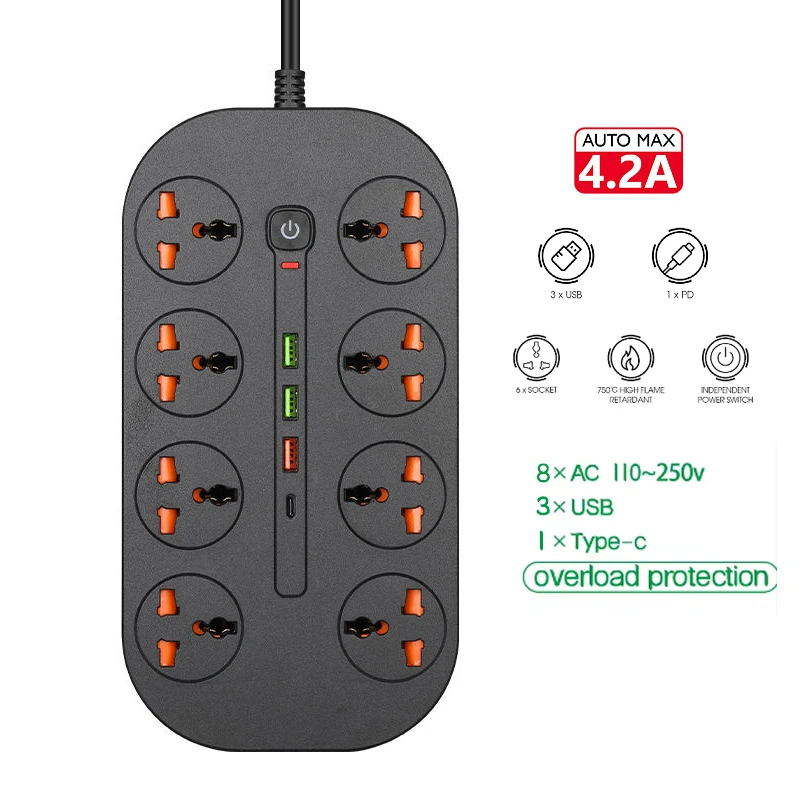 Universal Power Strip Extension with USB-C Port and Surge Protection