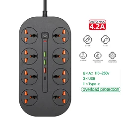 Universal Power Strip Extension with USB - C Port and Surge Protection - EU KR Plug (8AC - black - T2)