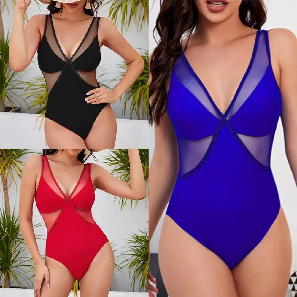 

One Piece Tankini Women Swimsuit See-through Mesh Deep V Neck Patchwork Summer Monokini for Swimming Pool High Waist Bodysuit