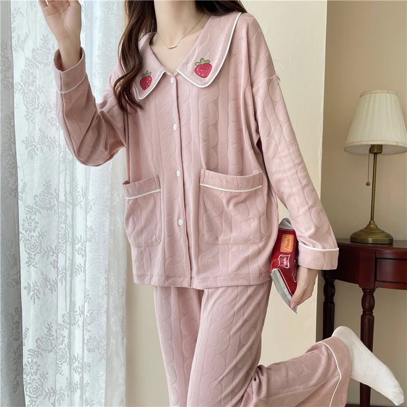 Autumn new pajamas women's milk silk jacquard lapel open chest casual sweet can be worn outside the home clothes 2-piece set
