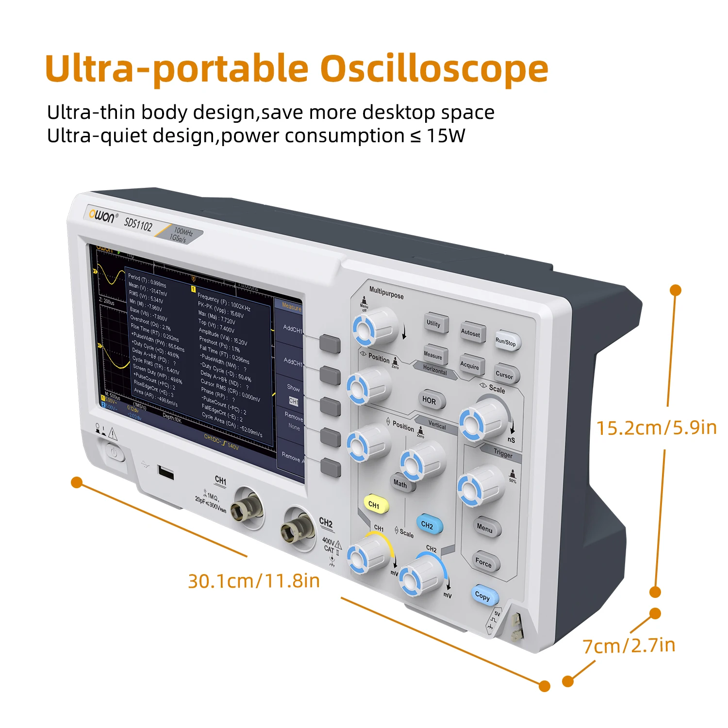 Owon SDS1102 Digital Oscilloscope 5mV/Div 2 Channel 100MhZ Bandwidth 1GS/s Sampling Rate 7-inch TFT Storage Desktop Oscilloscope 2