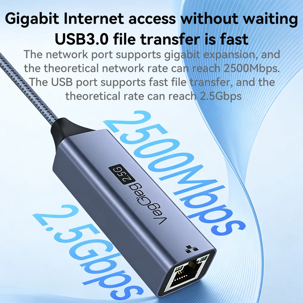 VegGieg 2.5G 이더넷 어댑터 USB-C/USB 3.0 - RJ45 LAN 네트워크 카드 노트북 PC용 2500Mbps 속도