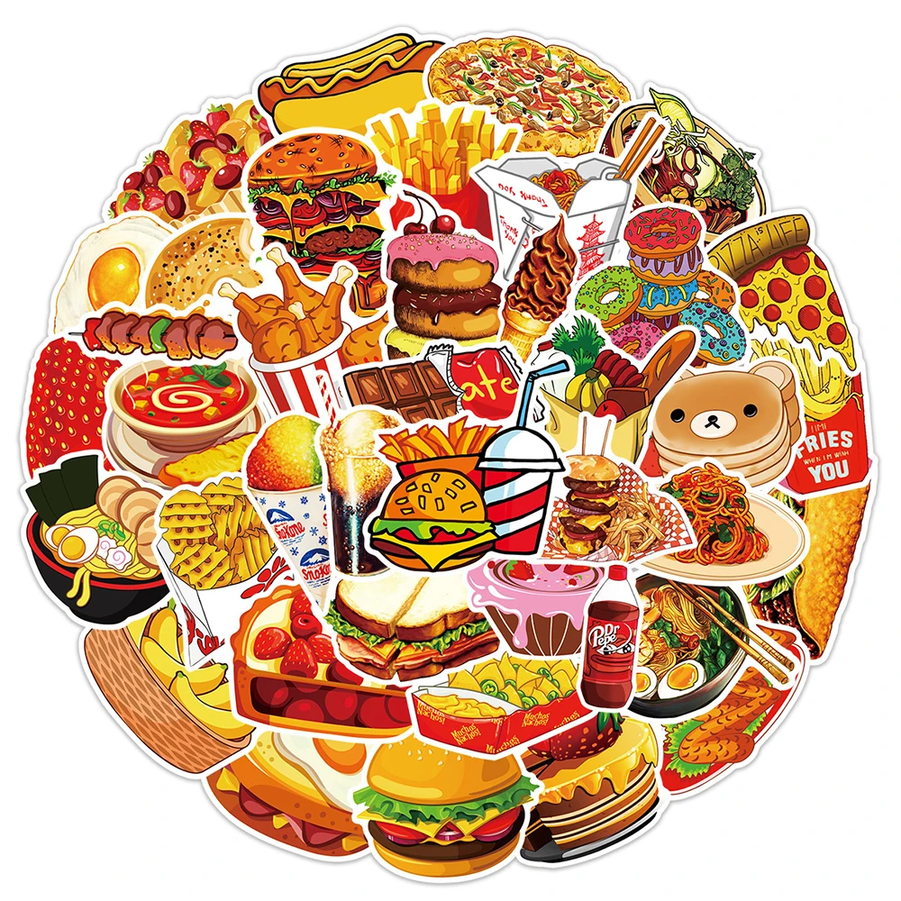 10/30/50pcs Cute Food Burger Fries Gourmet Cartoon Stickers DIY Luggage Laptop Fridge Decorative Kids Sticker Delicacy Wholesale