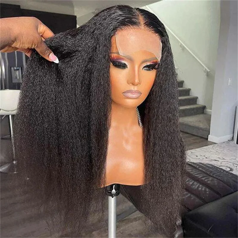 

Soft Glueless 180%Density 26InchNatural Black Yaki Kinky Straight Lace Front Wig For Women With Baby Hair Synthetic Preplucked
