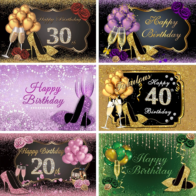 Photo Backdrop Happy Women's Birthday Party High Heels Gold Balloons Rose Flowers Decor Photographic Background photo backdrop