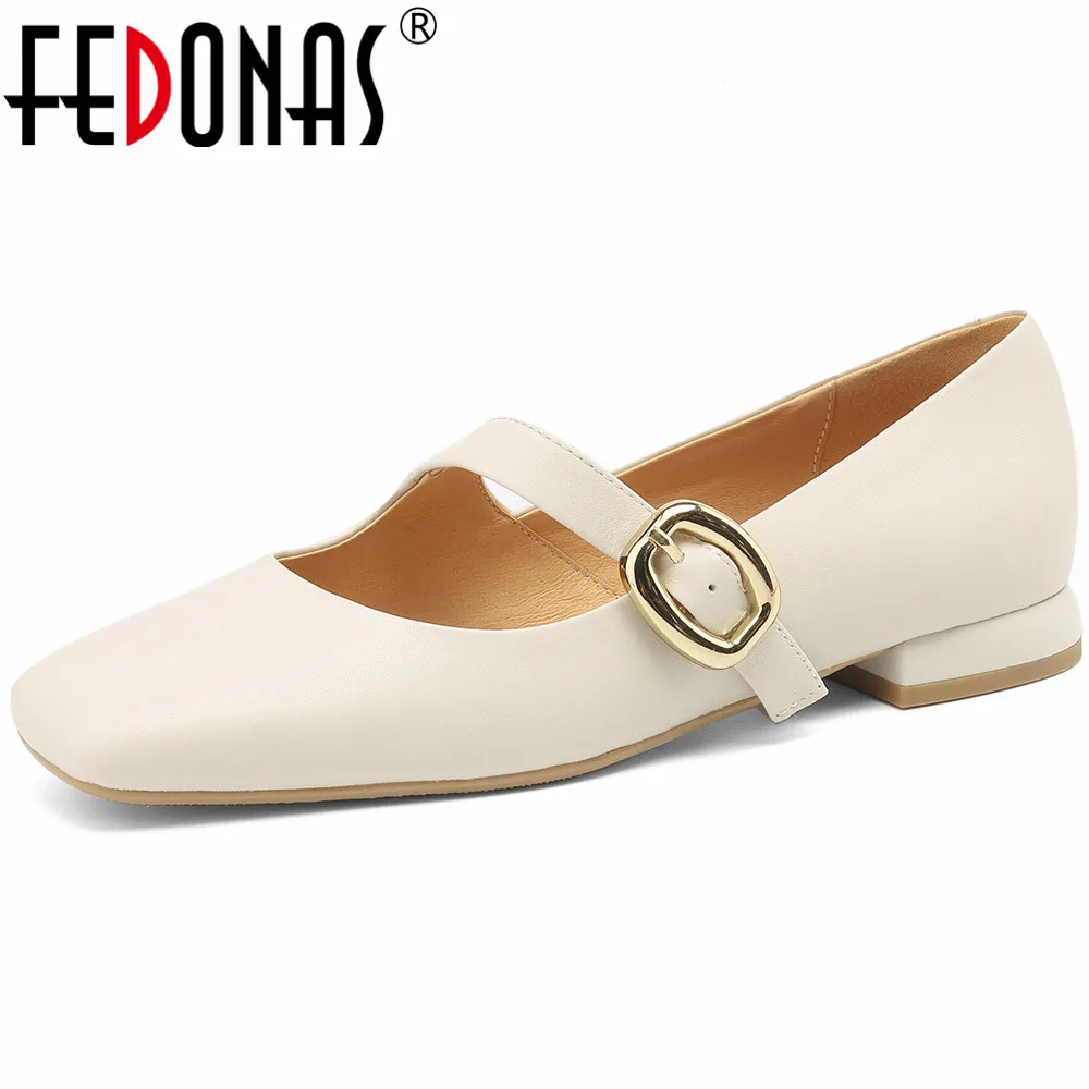 

FEDONAS Fashion Buckle Strap Women Pumps Spring Summer Genuine Leather Shoes Woman Low Heels Square Toe Concise Working Pumps