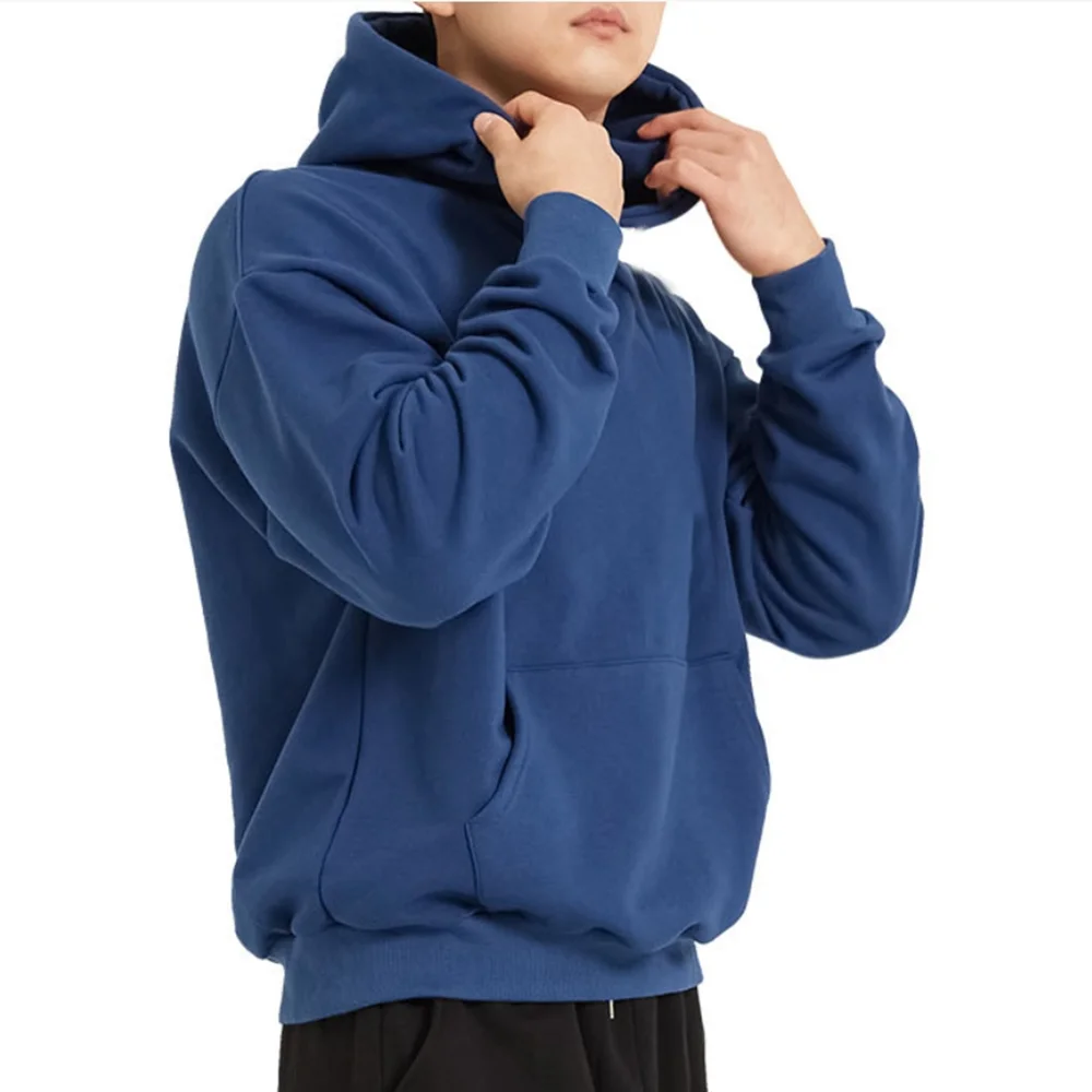 하이 퀄리티 남성용 캐주얼 루즈 후디, 면 맨투맨 피트니스 운동복, 남성 솔리드 풀오버 상의, 가을 겨울